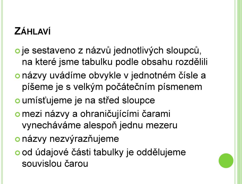 písmenem umísťujeme je na střed sloupce mezi názvy a ohraničujícími čarami vynecháváme