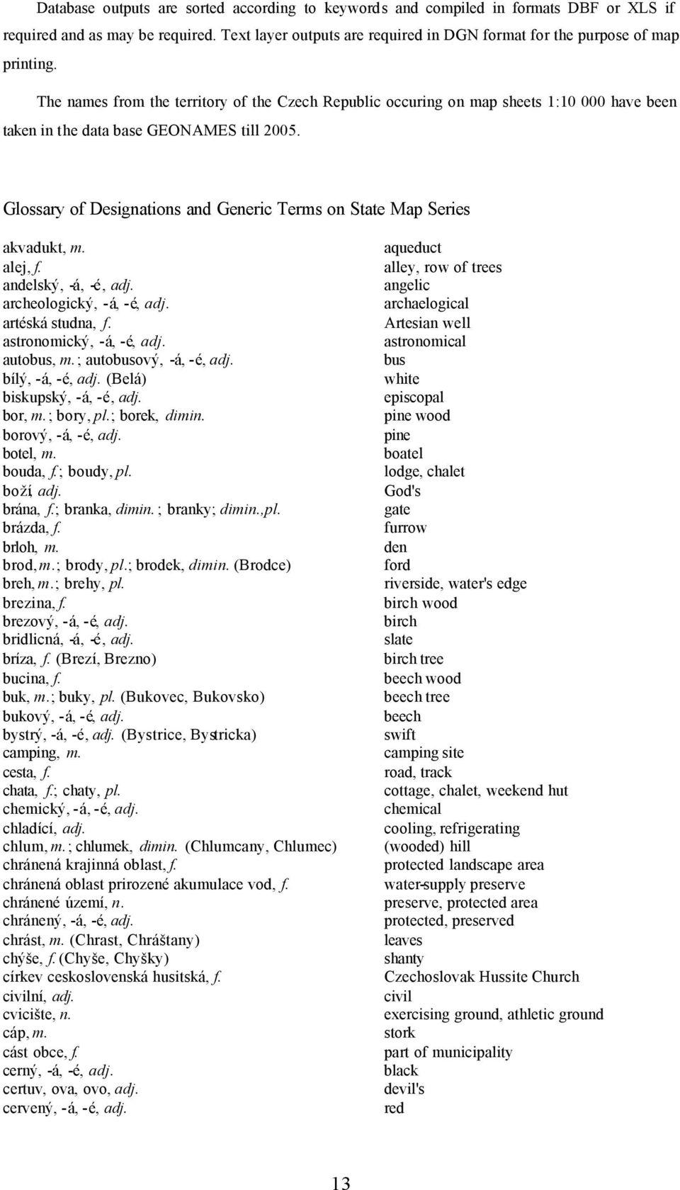 Glossary of Designations and Generic Terms on State Map Series akvadukt, m. alej, f. andelský, -á, -é, adj. archeologický, -á, -é, adj. artéská studna, f. astronomický, -á, -é, adj. autobus, m.