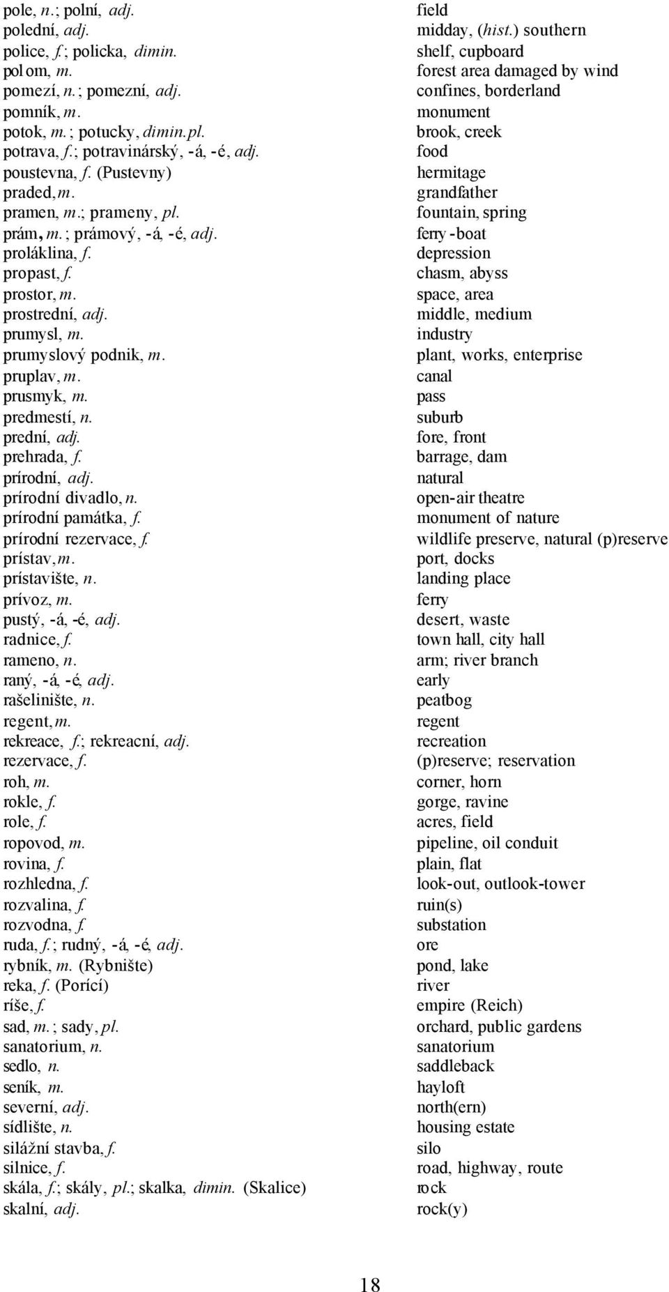 predmestí, n. prední, adj. prehrada, f. prírodní, adj. prírodní divadlo, n. prírodní památka, f. prírodní rezervace, f. prístav, m. prístavište, n. prívoz, m. pustý, -á, -é, adj. radnice, f.