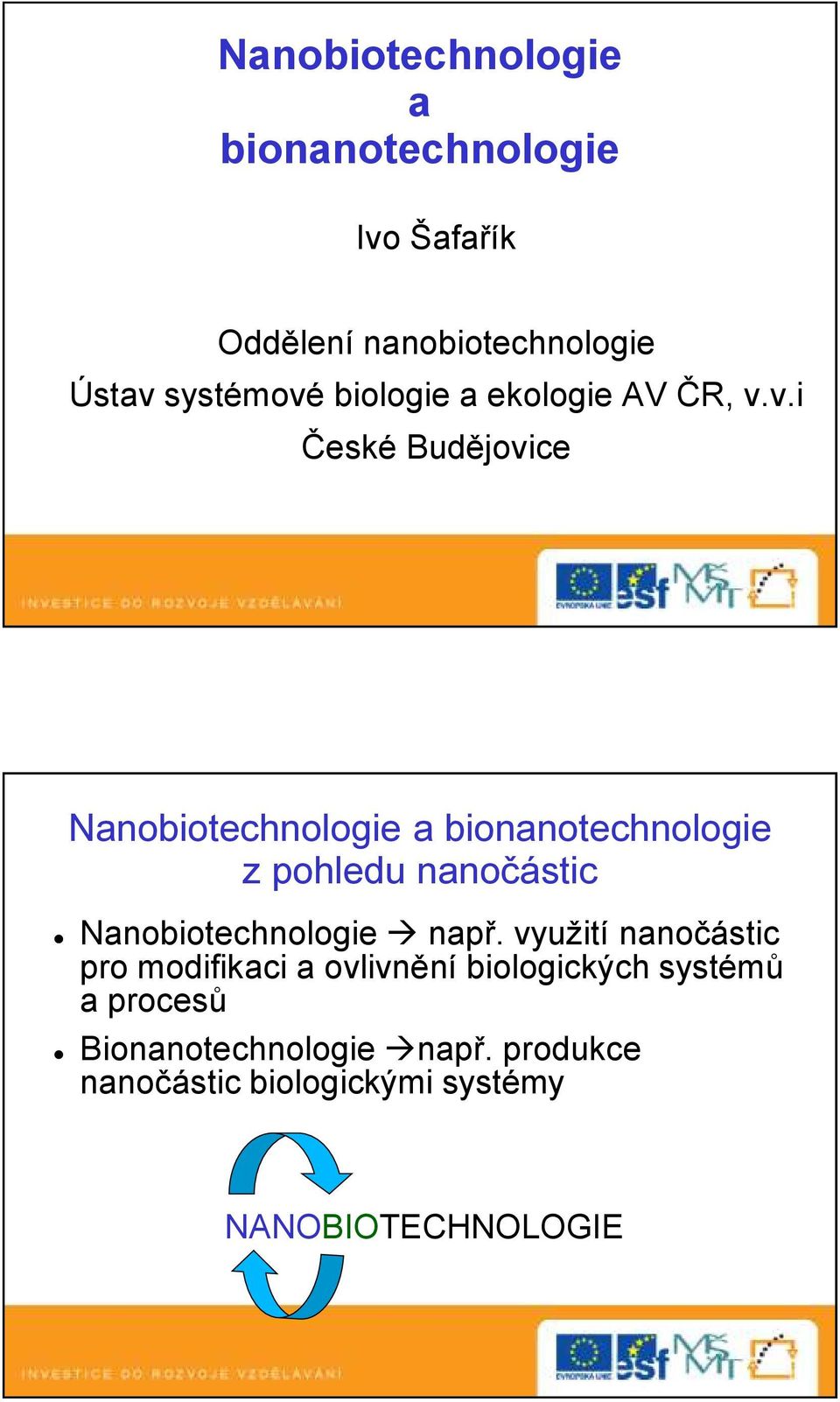 v.i České Budějovice Nanobiotechnologie a bionanotechnologie z pohledu nanočástic