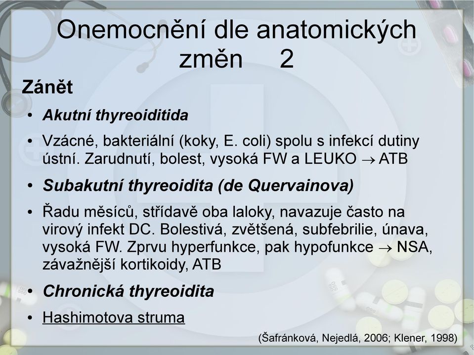 Zarudnutí, bolest, vysoká FW a LEUKO ATB Subakutní thyreoidita (de Quervainova) Řadu měsíců, střídavě oba laloky,