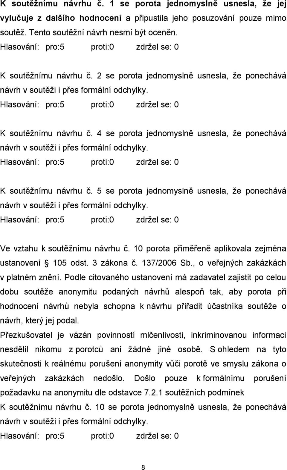 4 se porota jednomyslně usnesla, že ponechává návrh v soutěži i přes formální odchylky. K soutěžnímu návrhu č. 5 se porota jednomyslně usnesla, že ponechává návrh v soutěži i přes formální odchylky.