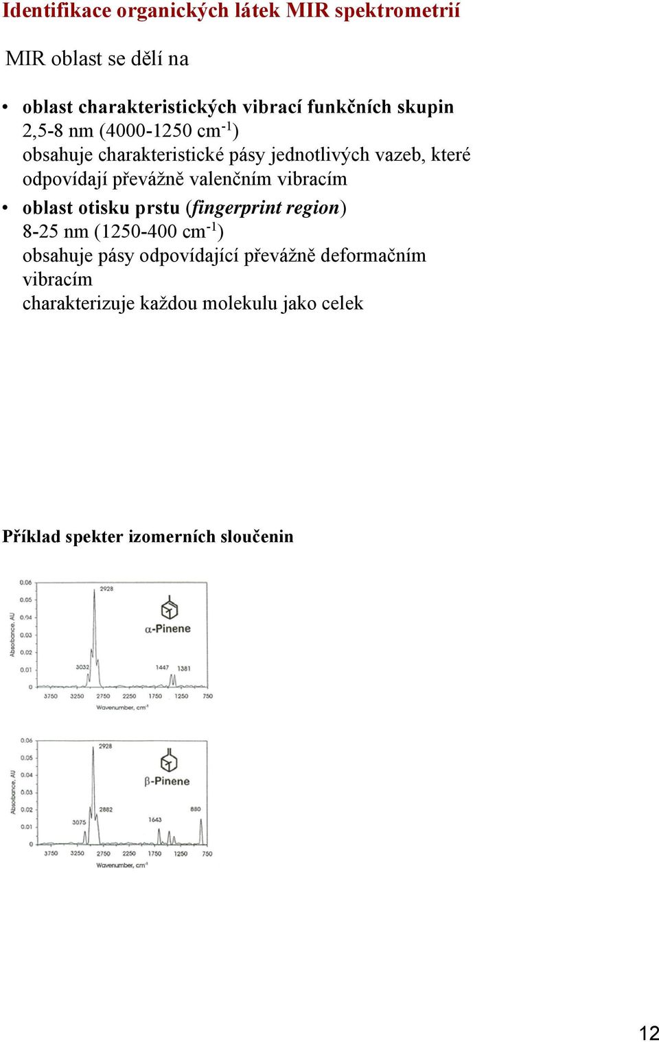 převážně valenčním vibracím oblast otisku prstu (fingerprint region) 825 nm (1250400 cm 1 ) obsahuje pásy