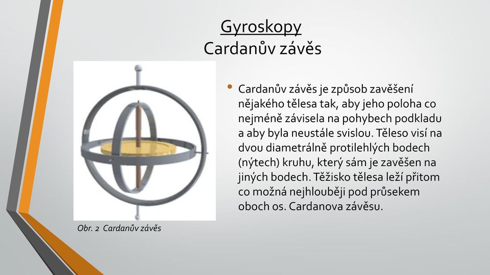 Těleso visí na dvou diametrálně protilehlých bodech (nýtech) kruhu, který sám je zavěšen na