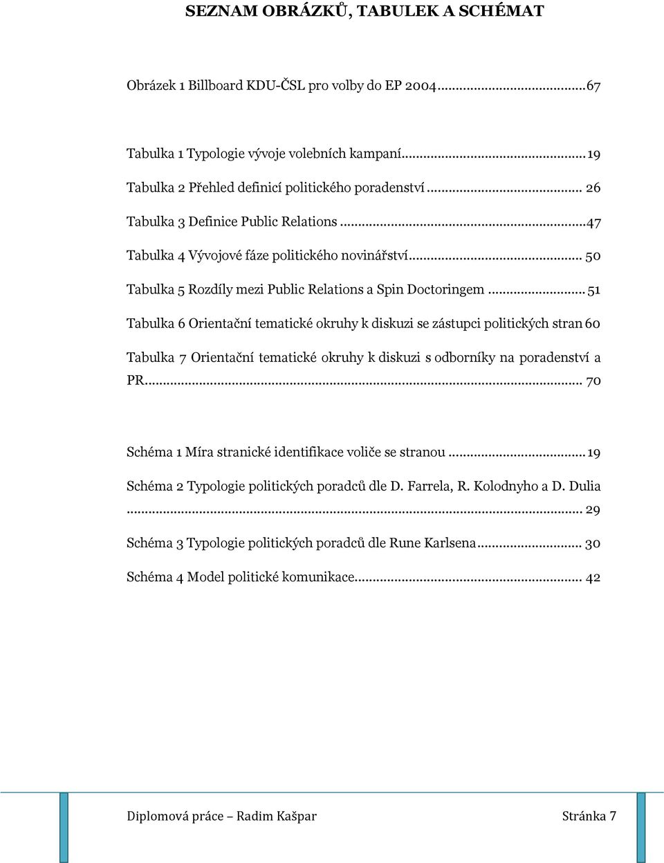 .. 51 Tabulka 6 Orientační tematické okruhy k diskuzi se zástupci politických stran 60 Tabulka 7 Orientační tematické okruhy k diskuzi s odborníky na poradenství a PR.