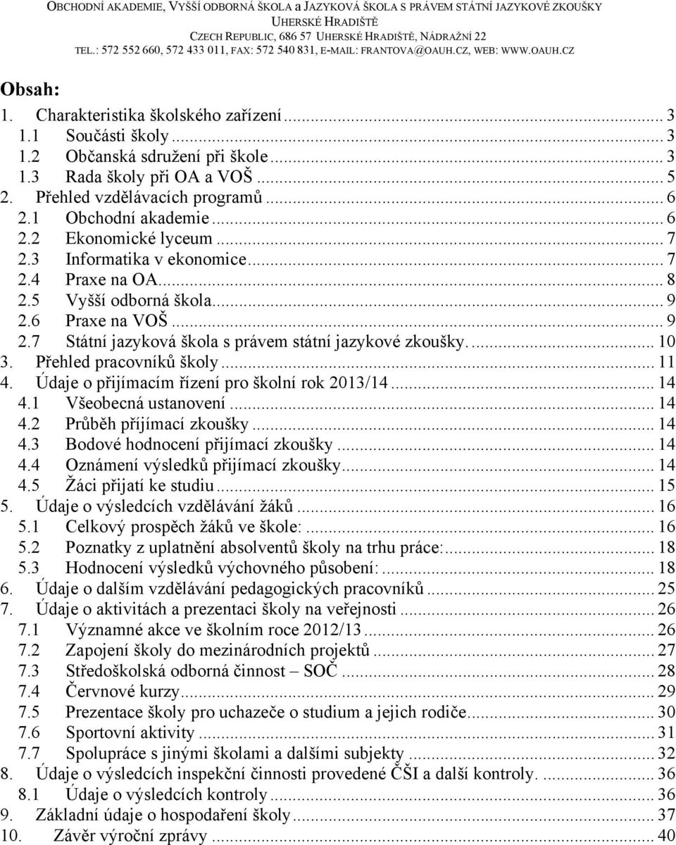 6 Praxe na VOŠ... 9 2.7 Státní jazyková škola s právem státní jazykové zkoušky.... 10 3. Přehled pracovníků školy... 11 4. Údaje o přijímacím řízení pro školní rok 2013/14... 14 4.