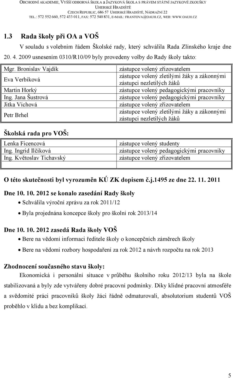 Jana Šustrová Jitka Víchová Petr Brhel Školská rada pro VOŠ: Lenka Ficencová Ing. Ingrid Ilčíková Ing.