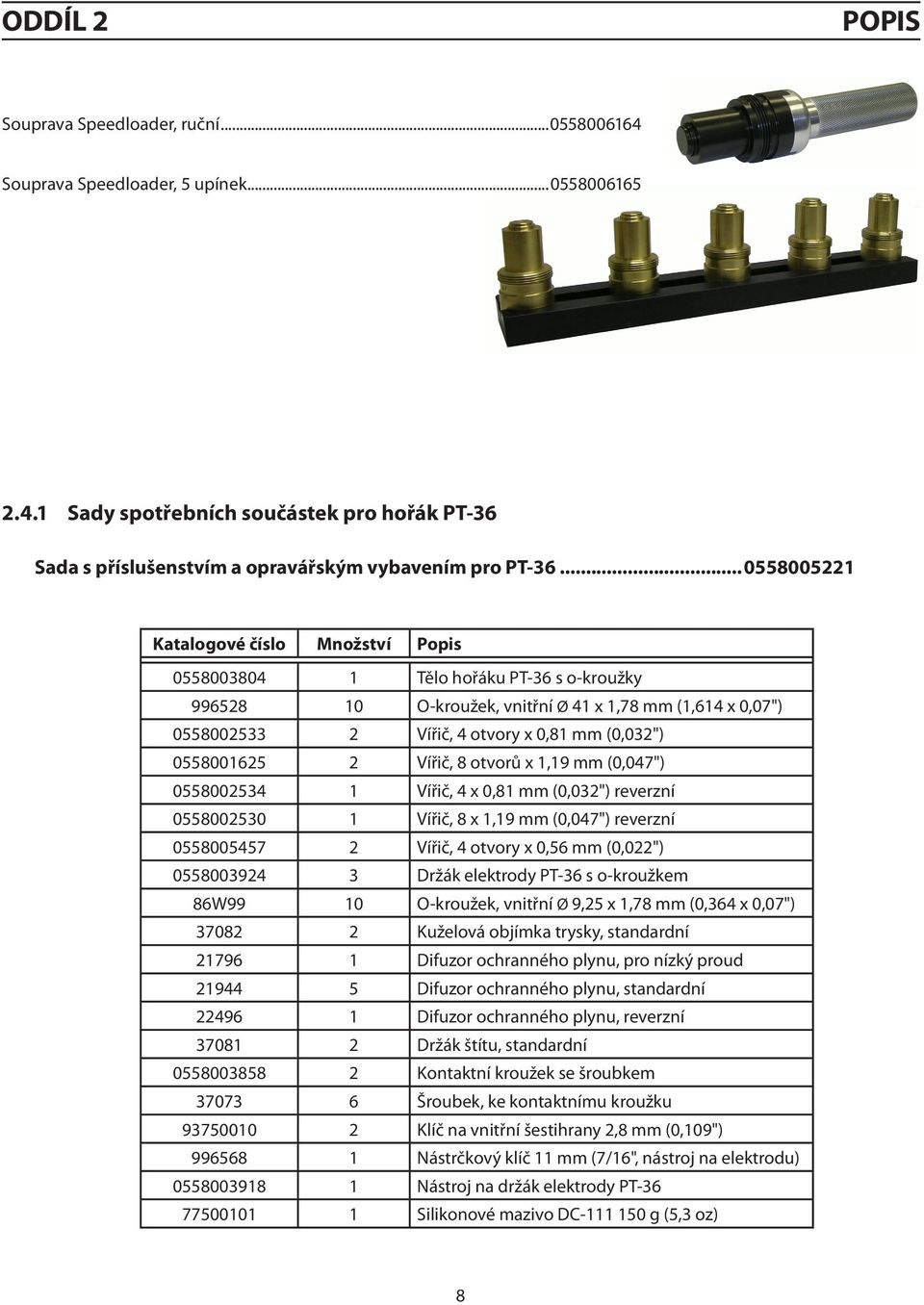 0558001625 2 Vířič, 8 otvorů x 1,19 mm (0,047") 0558002534 1 Vířič, 4 x 0,81 mm (0,032") reverzní 0558002530 1 Vířič, 8 x 1,19 mm (0,047") reverzní 0558005457 2 Vířič, 4 otvory x 0,56 mm (0,022")