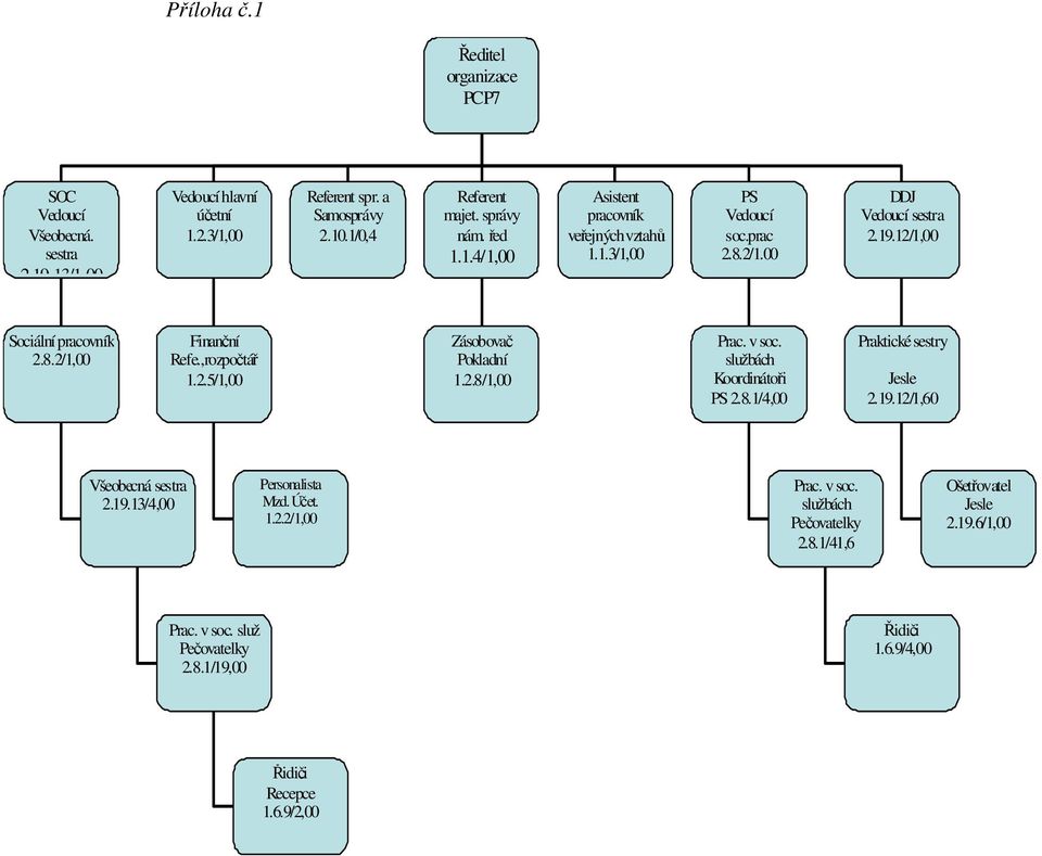 ,rozpočtář 1.2.5/1,00 Zásobovač Pokladní 1.2.8/1,00 Prac. v soc. službách Koordinátoři PS 2.8.1/4,00 Praktické sestry Jesle 2.19.12/1,60 Všeobecná sestra 2.19.13/4,00 Personalista Mzd.