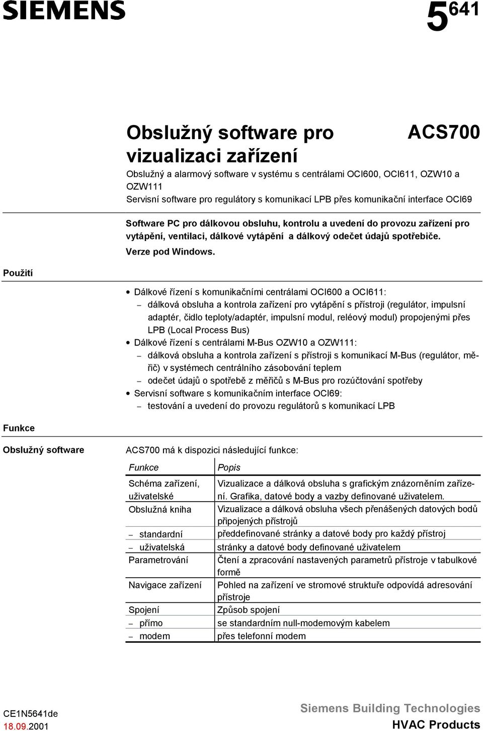 Použití Dálkové řízení s komunikačními centrálami OCI600 a OCI611: dálková obsluha a kontrola zařízení pro vytápění s přístroji (regulátor, impulsní adaptér, čidlo teploty/adaptér, impulsní modul,