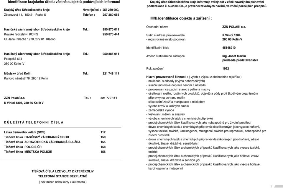 Jana Palacha 1970, 272 01 Kladno Krajský úřad Středočeského kraje informuje veřejnost v zóně havarijního plánování podlezákona č. 59/2006 Sb.