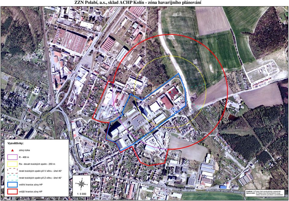 zdroj rizika R - 400 m Třídvorská Klicperova Macharova Lidická K Vinici Pod Vinicí Ra - dosah toxických spalin - 250 m mrak toxických spalin při V