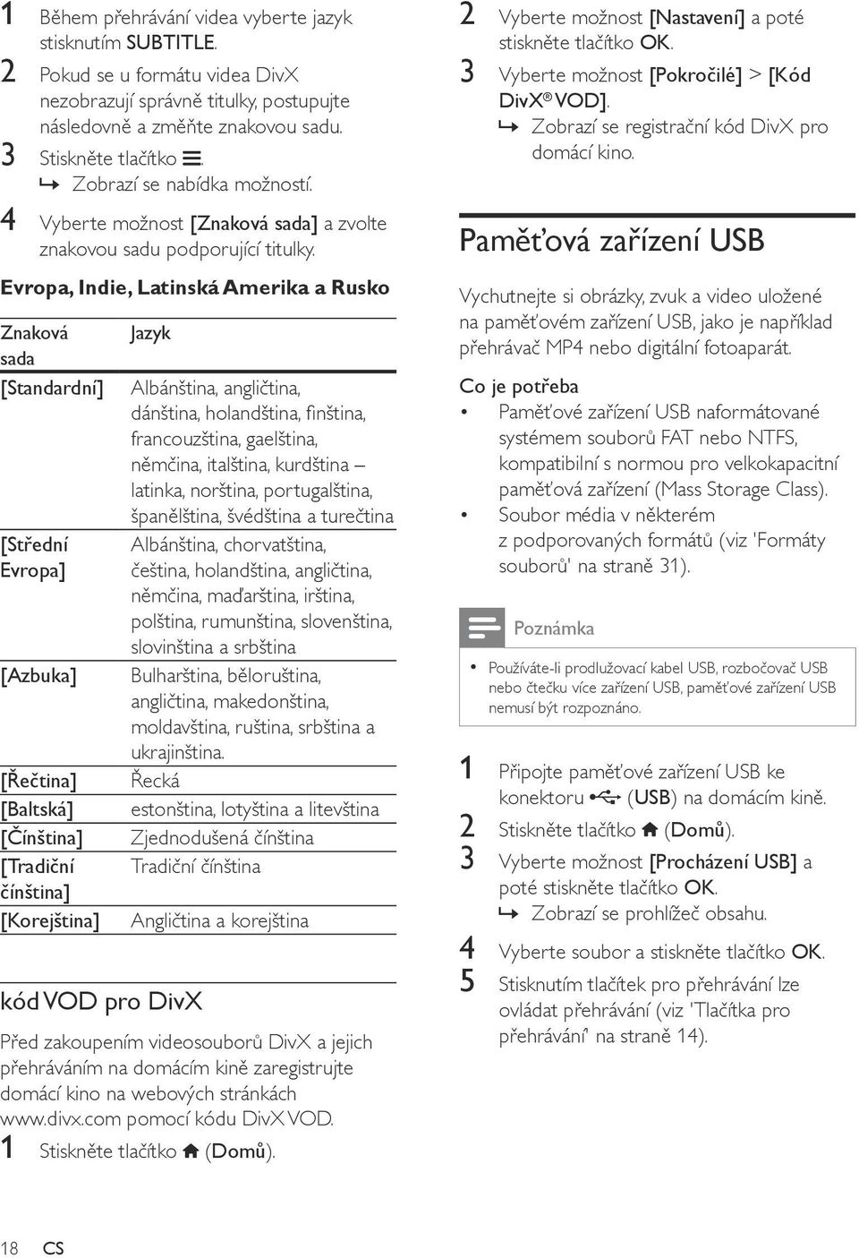 Evropa, Indie, Latinská Amerika a Rusko Znaková sada [Standardní] [Střední Evropa] [Azbuka] [Řečtina] [Baltská] [Čínština] [Tradiční čínština] [Korejština] Jazyk kód VOD pro DivX Albánština,