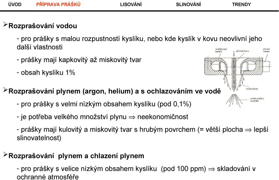 (pod 0,1%) - je potřeba velkého množství plynu neekonomičnost - prášky mají kulovitý a miskovitý tvar s hrubým povrchem (= větší plocha lepší