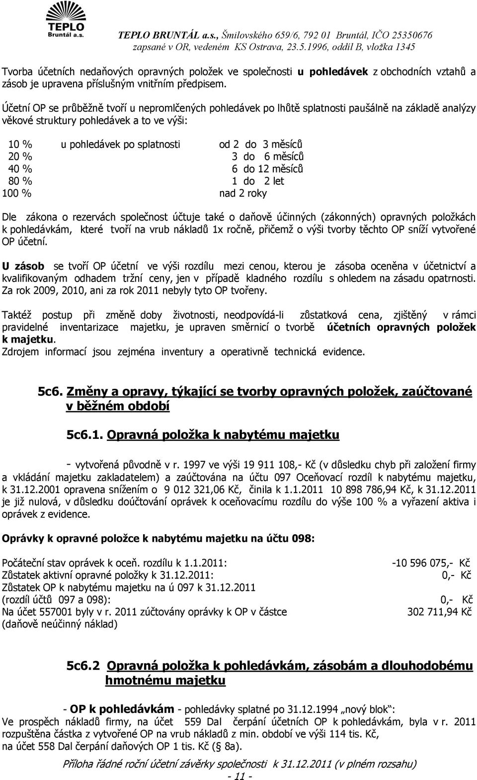 3 do 6 měsíců 40 % 6 do 12 měsíců 80 % 1 do 2 let 100 % nad 2 roky Dle zákona o rezervách společnost účtuje také o daňově účinných (zákonných) opravných poloţkách k pohledávkám, které tvoří na vrub