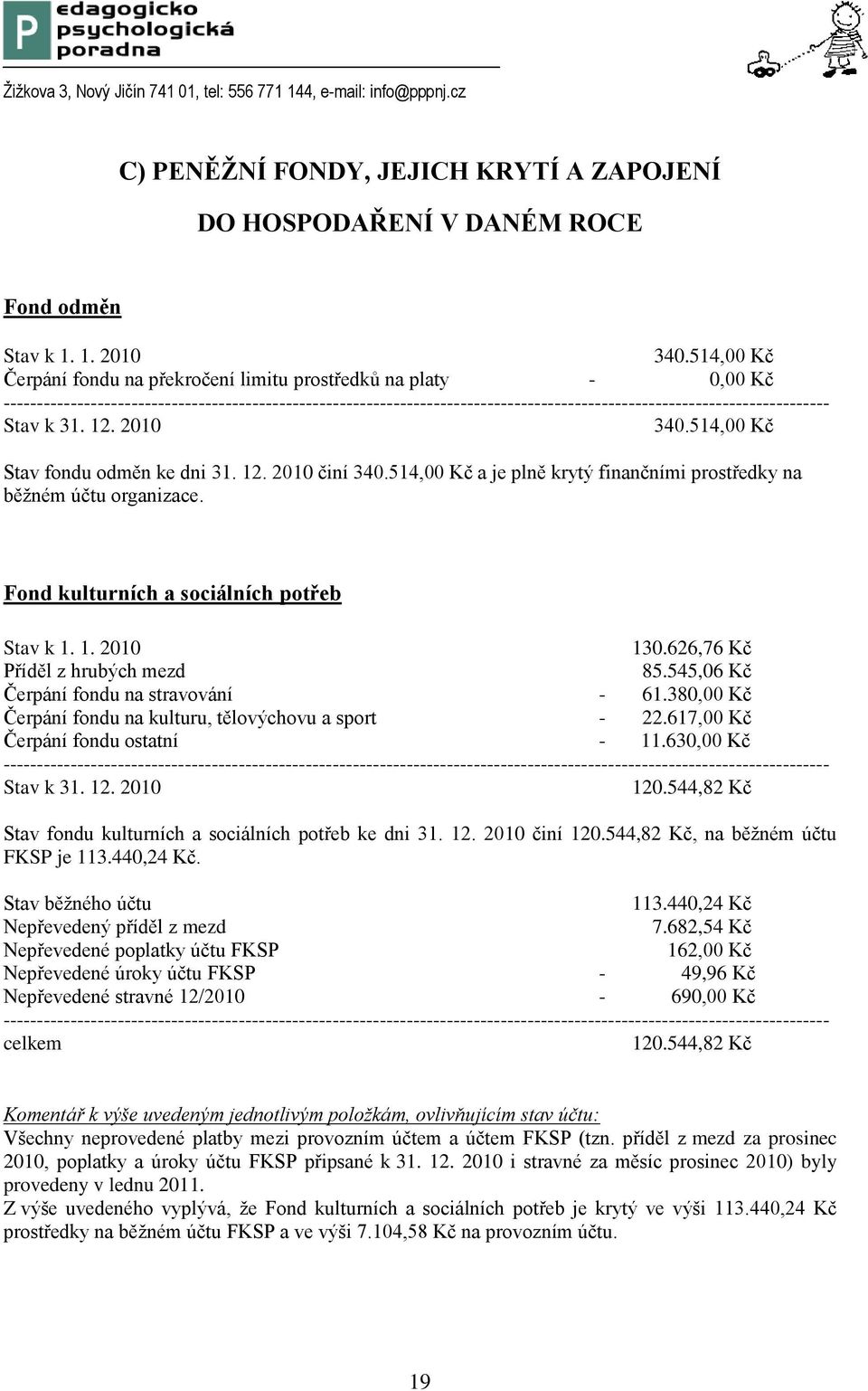 Stav k 31. 12. 2010 340.514,00 Kč Stav fondu odměn ke dni 31. 12. 2010 činí 340.514,00 Kč a je plně krytý finančními prostředky na běžném účtu organizace. Fond kulturních a sociálních potřeb Stav k 1.