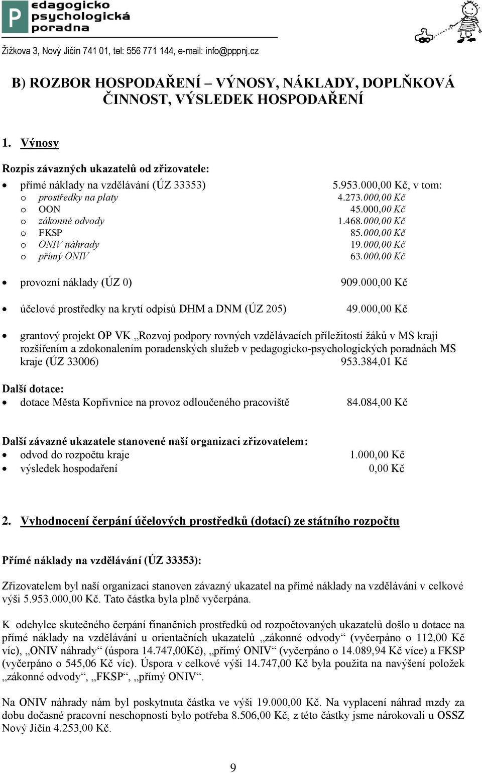 000,00 Kč provozní náklady (ÚZ 0) 909.000,00 Kč účelové prostředky na krytí odpisů DHM a DNM (ÚZ 205) 49.