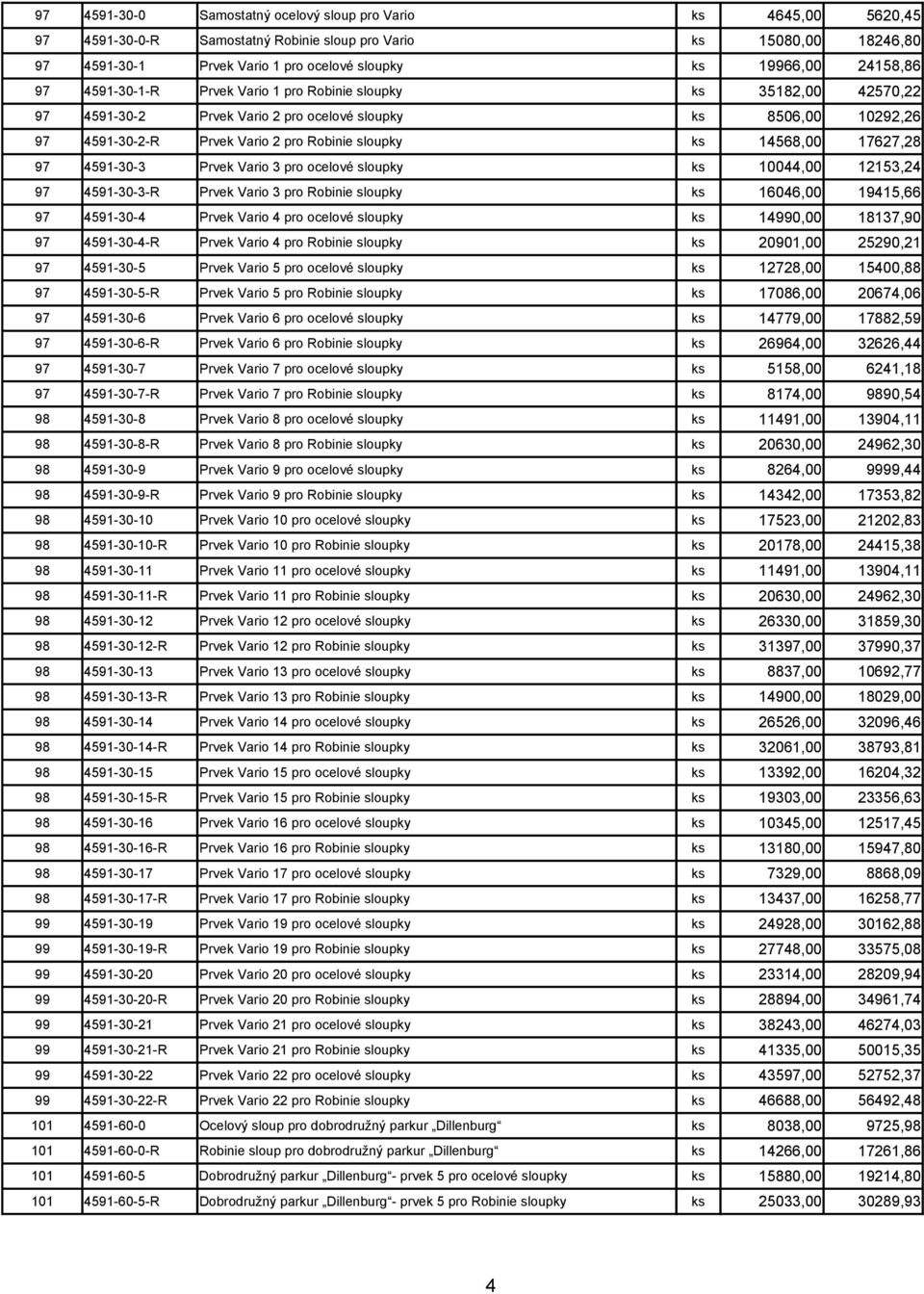 14568,00 17627,28 97 4591-30-3 Prvek Vario 3 pro ocelové sloupky ks 10044,00 12153,24 97 4591-30-3-R Prvek Vario 3 pro Robinie sloupky ks 16046,00 19415,66 97 4591-30-4 Prvek Vario 4 pro ocelové