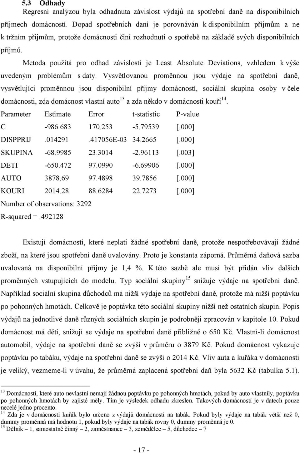 Metoda použitá pro odhad závislosti je Least Absolute Deviations, vzhledem k výše uvedeným problémům s daty.