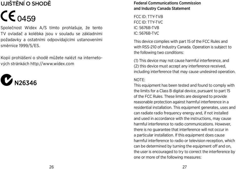 and Industry Canada Statement FCC ID: TTY-TVB FCC ID: TTY-TVC IC: 5676B-TVB IC: 5676B-TVC This device complies with part 15 of the FCC Rules and with RSS-210 of Industry Canada.