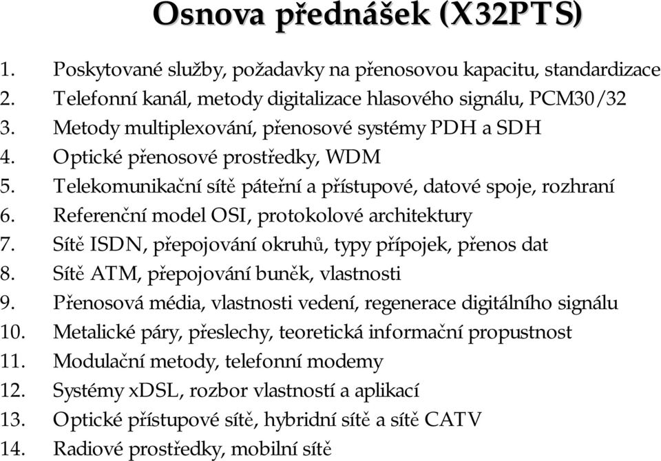 Referenční model OSI, protokolové architektury 7. Sítě ISDN, přepojování okruhů, typy přípojek, přenos dat 8. Sítě ATM, přepojování buněk, vlastnosti 9.