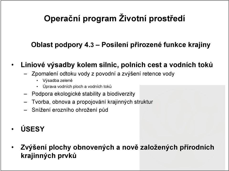 vody z povodní a zvýšení retence vody Výsadba zeleně Úprava vodních ploch a vodních toků Podpora ekologické