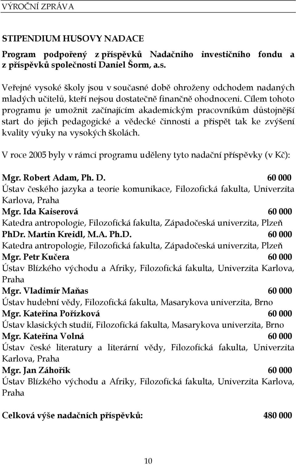 V roce 2005 byly v rámci programu uděleny tyto nadační příspěvky (v Kč): Mgr. Robert Adam, Ph. D. 60 000 Ústav českého jazyka a teorie komunikace, Filozofická fakulta, Univerzita Karlova, Praha Mgr.