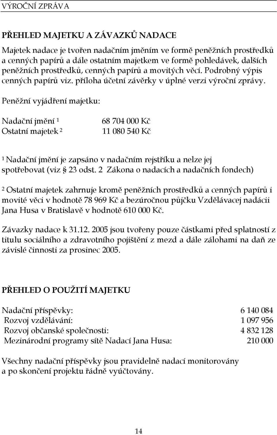 Peněžní vyjádření majetku: Nadační jmění 1 Ostatní majetek 2 68 704 000 Kč 11 080 540 Kč 1 Nadační jmění je zapsáno v nadačním rejstříku a nelze jej spotřebovat (viz 23 odst.