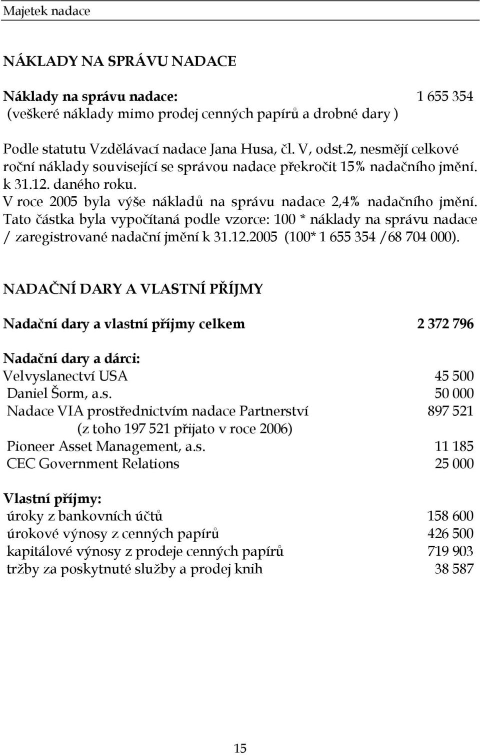 Tato částka byla vypočítaná podle vzorce: 100 * náklady na správu nadace / zaregistrované nadační jmění k 31.12.2005 (100* 1 655 354 /68 704 000).