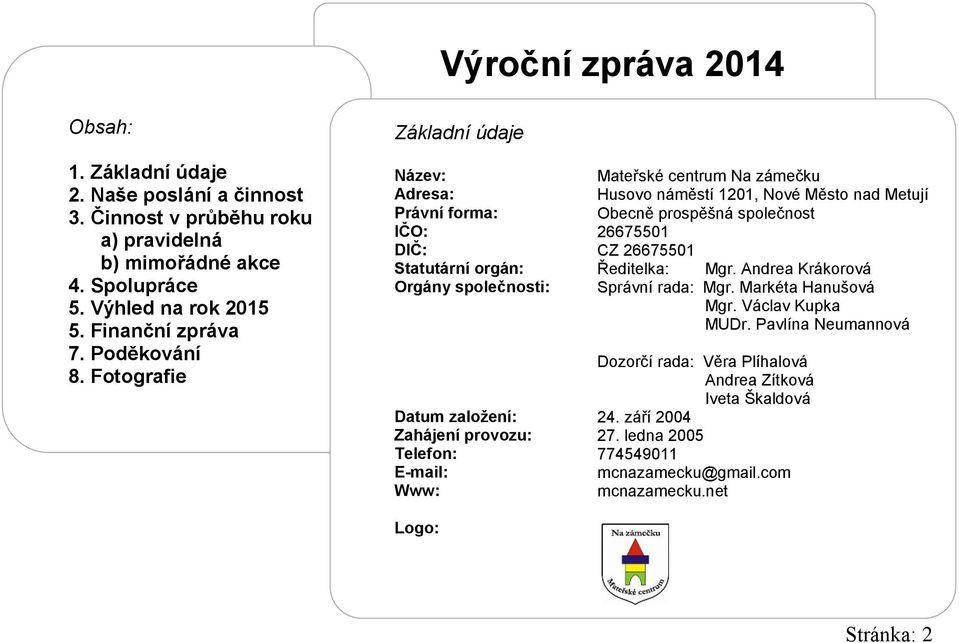 Fotografie Základní údaje Název: Mateřské centrum Na zámečku Adresa: Husovo náměstí 1201, Nové Město nad Metují Právní forma: Obecně prospěšná společnost IČO: 26675501 DIČ: CZ 26675501