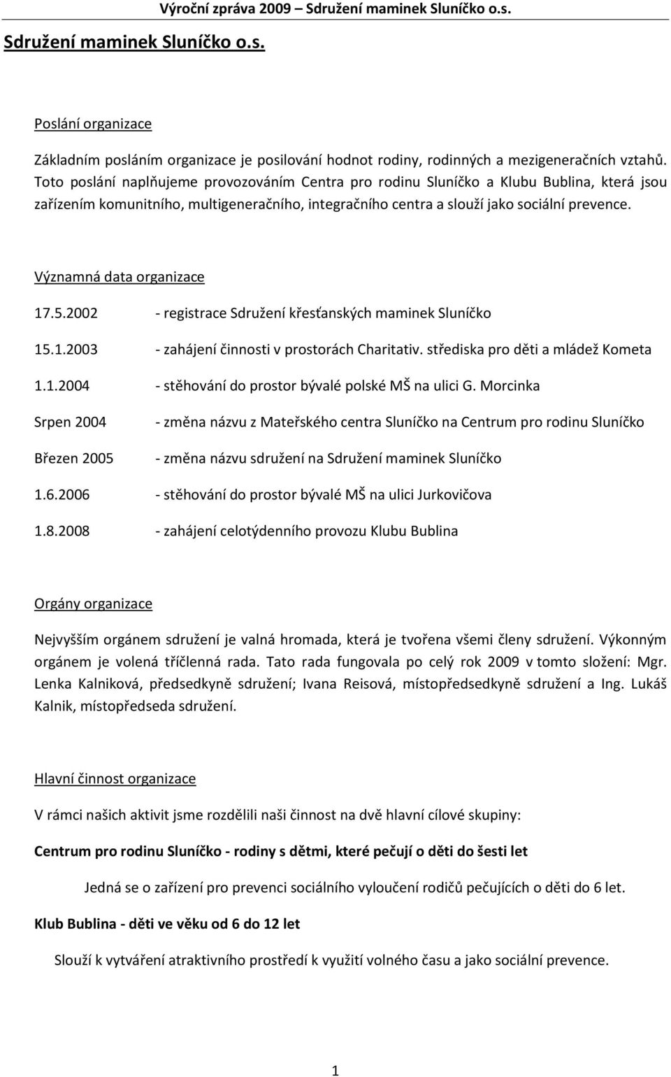 Významná data organizace 17.5.2002 - registrace Sdružení křesťanských maminek Sluníčko 15.1.2003 - zahájení činnosti v prostorách Charitativ. střediska pro děti a mládež Kometa 1.1.2004 - stěhování do prostor bývalé polské MŠ na ulici G.