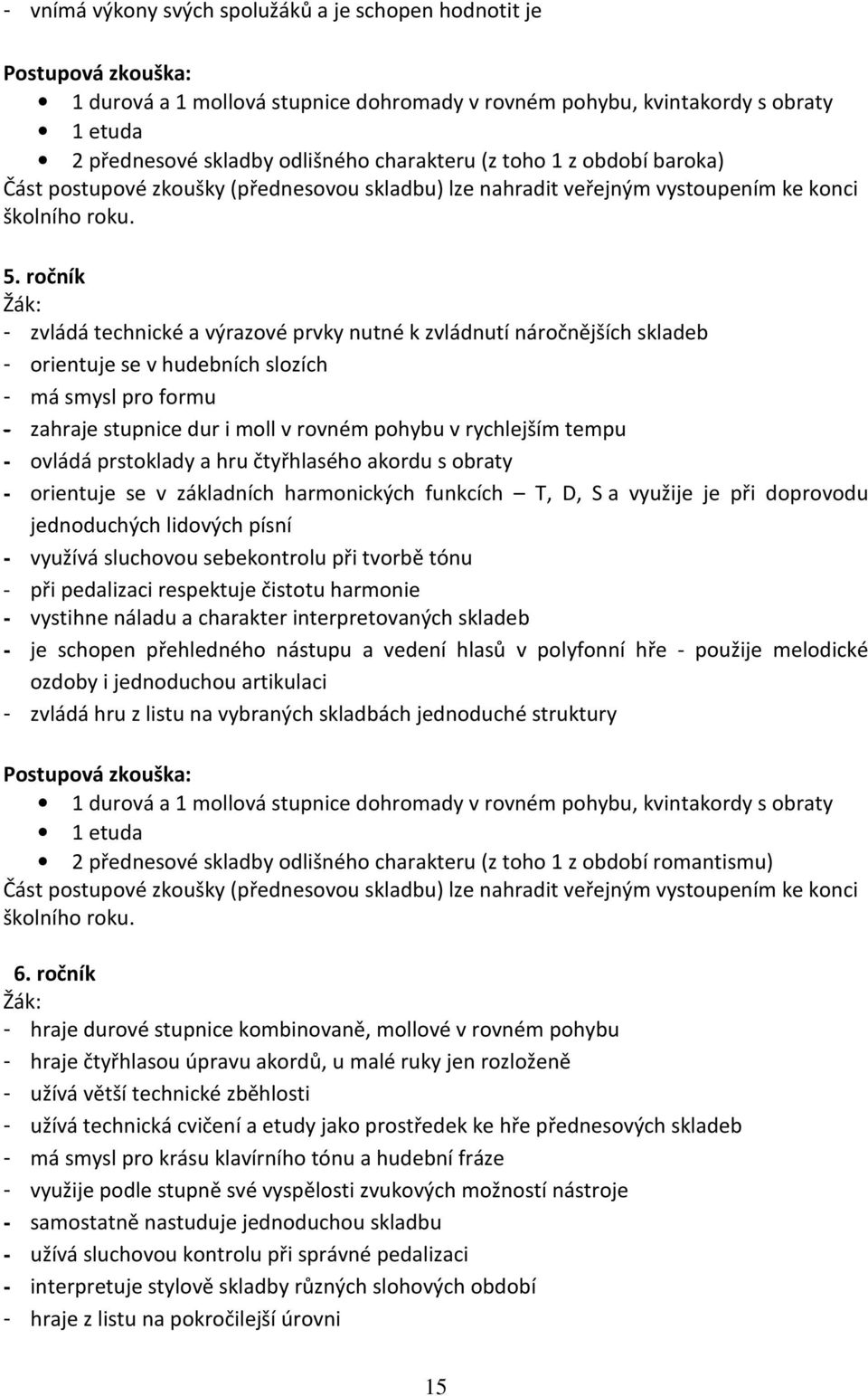 ročník - zvládá technické a výrazové prvky nutné k zvládnutí náročnějších skladeb - orientuje se v hudebních slozích - má smysl pro formu - zahraje stupnice dur i moll v rovném pohybu v rychlejším
