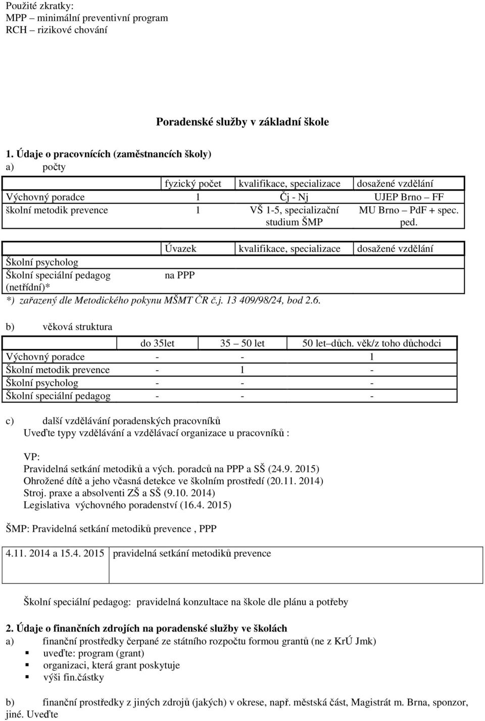 studium ŠMP MU Brno PdF + spec. ped. Úvazek kvalifikace, specializace dosažené vzdělání Školní psycholog Školní speciální pedagog na PPP (netřídní)* *) zařazený dle Metodického pokynu MŠMT ČR č.j.