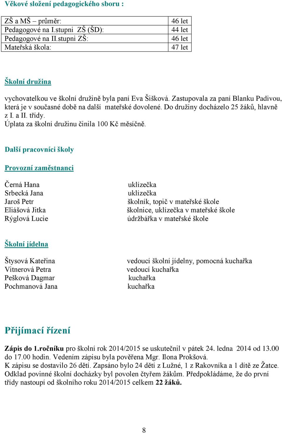 Do družiny docházelo 25 žáků, hlavně z I. a II. třídy. Úplata za školní družinu činila 100 Kč měsíčně.