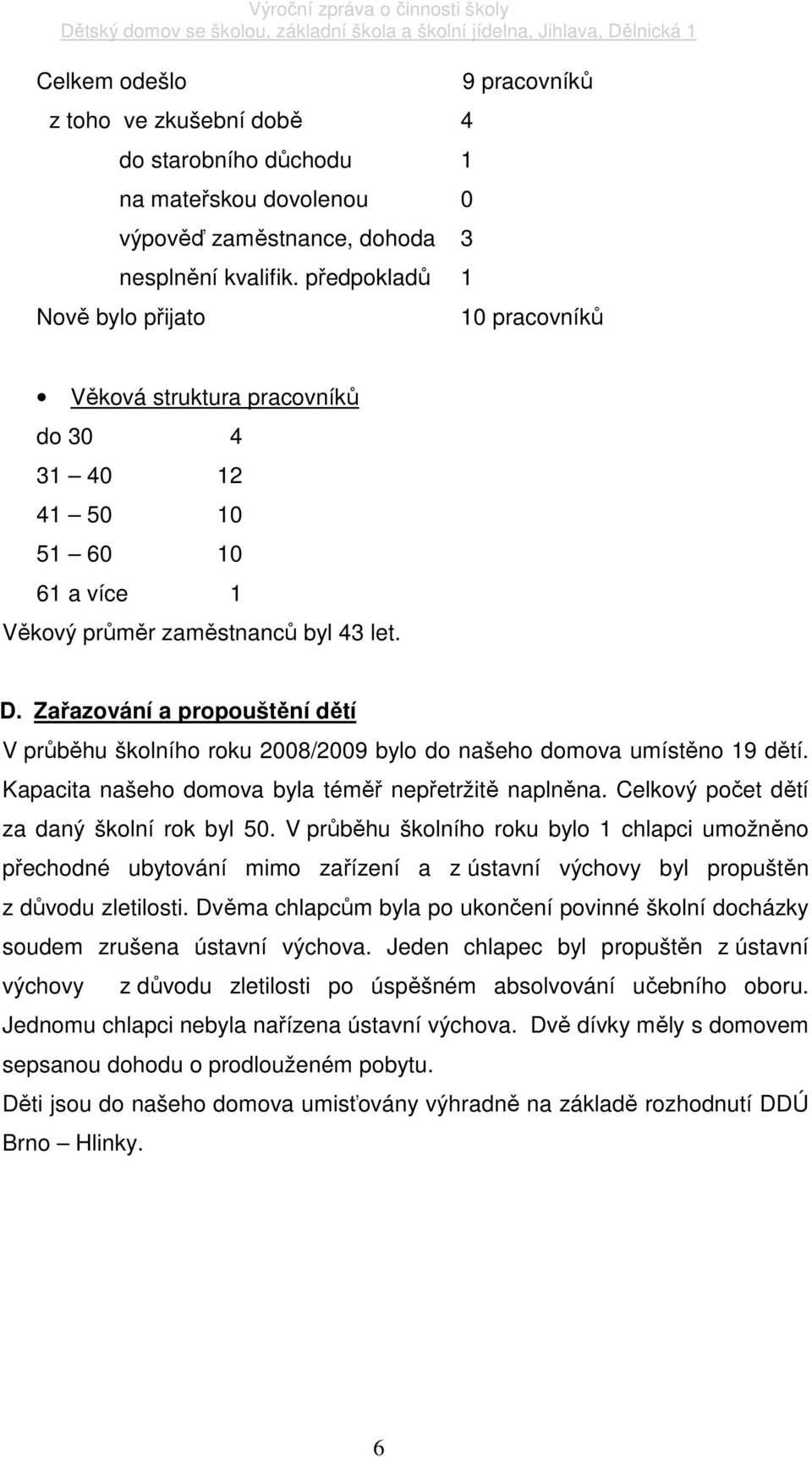 Zařazování a propouštění dětí V průběhu školního roku 2008/2009 bylo do našeho domova umístěno 19 dětí. Kapacita našeho domova byla téměř nepřetržitě naplněna.