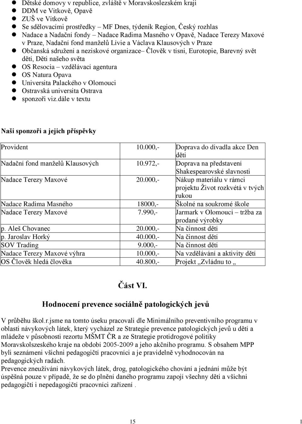 našeho světa OS Resocia vzdělávací agentura OS Natura Opava Universita Palackého v Olomouci Ostravská universita Ostrava sponzoři viz.dále v textu Naši sponzoři a jejich příspěvky Provident 10.