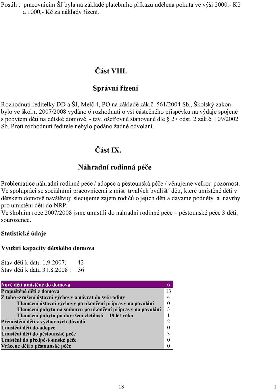 - tzv. ošetřovné stanovené dle 27 odst. 2 zák.č. 109/2002 Sb. Proti rozhodnutí ředitele nebylo podáno ţádné odvolání. Část IX.