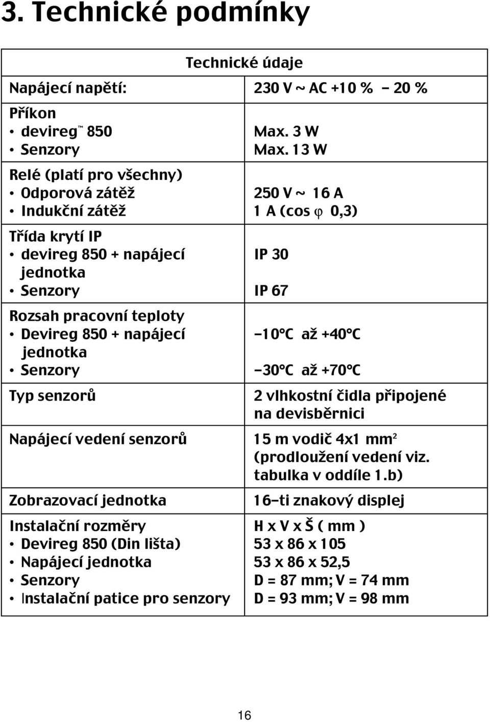 850 + napájecí-10 C až +40 C jednotka Senzory -30 C až +70 C Typ senzorů 2 vlhkostní čidla připojené na devisběrnici Dansk Napájecí vedení senzorů 15 m vodič 4x1 mm 2 (prodloužení vedení