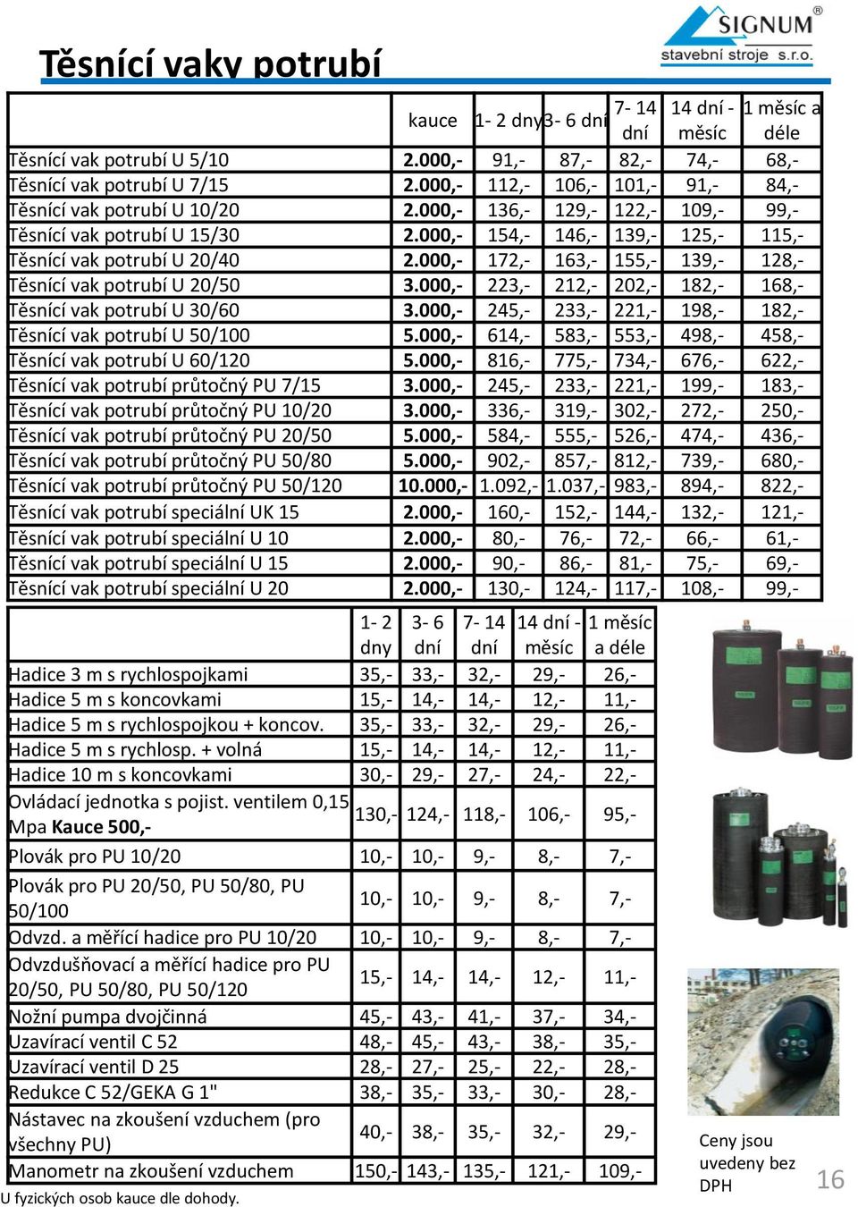 000,- 172,- 163,- 155,- 139,- 128,- Těsnící vak potrubí U 20/50 3.000,- 223,- 212,- 202,- 182,- 168,- Těsnící vak potrubí U 30/60 3.000,- 245,- 233,- 221,- 198,- 182,- Těsnící vak potrubí U 50/100 5.