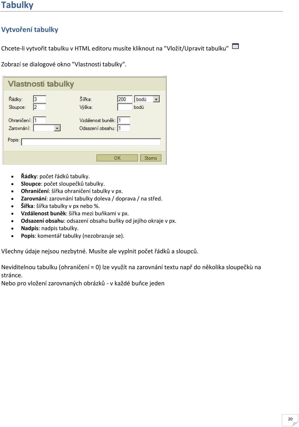 Vzdálenost buněk: šířka mezi buňkami v px. Odsazení obsahu: odsazení obsahu buňky od jejího okraje v px. Nadpis: nadpis tabulky. Popis: komentář tabulky (nezobrazuje se).