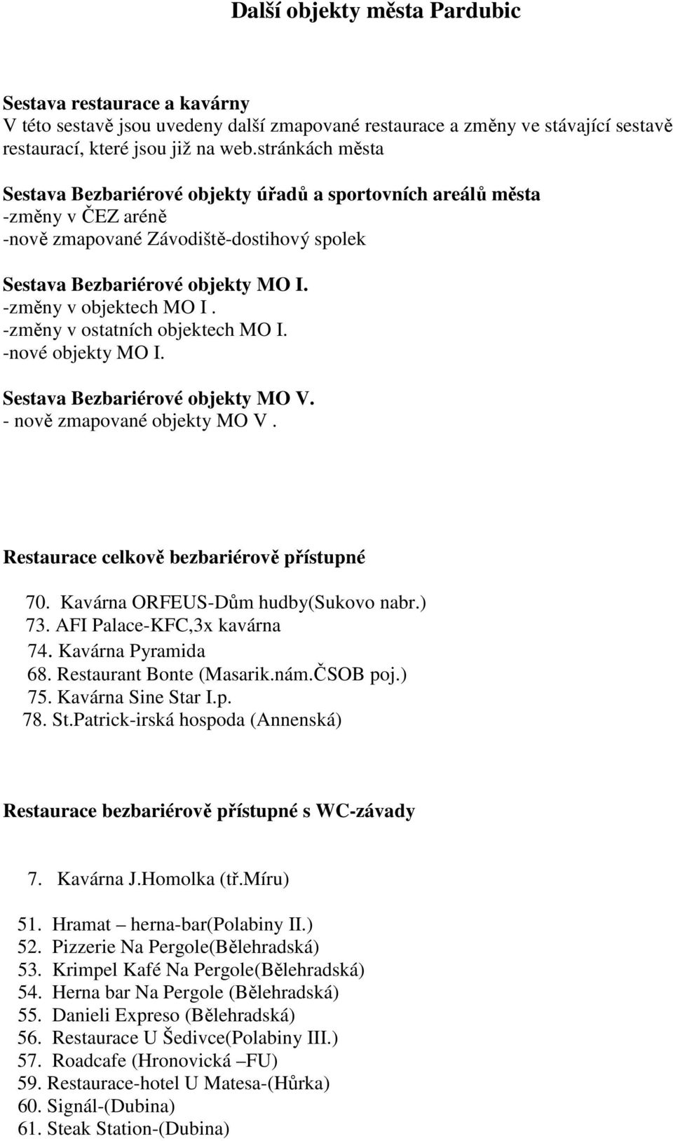 -změny v ostatních objektech MO I. -nové objekty MO I. Sestava Bezbariérové objekty MO V. - nově zmapované objekty MO V. Restaurace celkově bezbariérově přístupné 70.