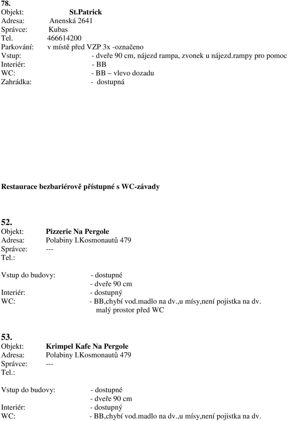 rampy pro pomoc - BB - BB vlevo dozadu Zahrádka: - dostupná Restaurace bezbariérově přístupné s WC-závady 52.