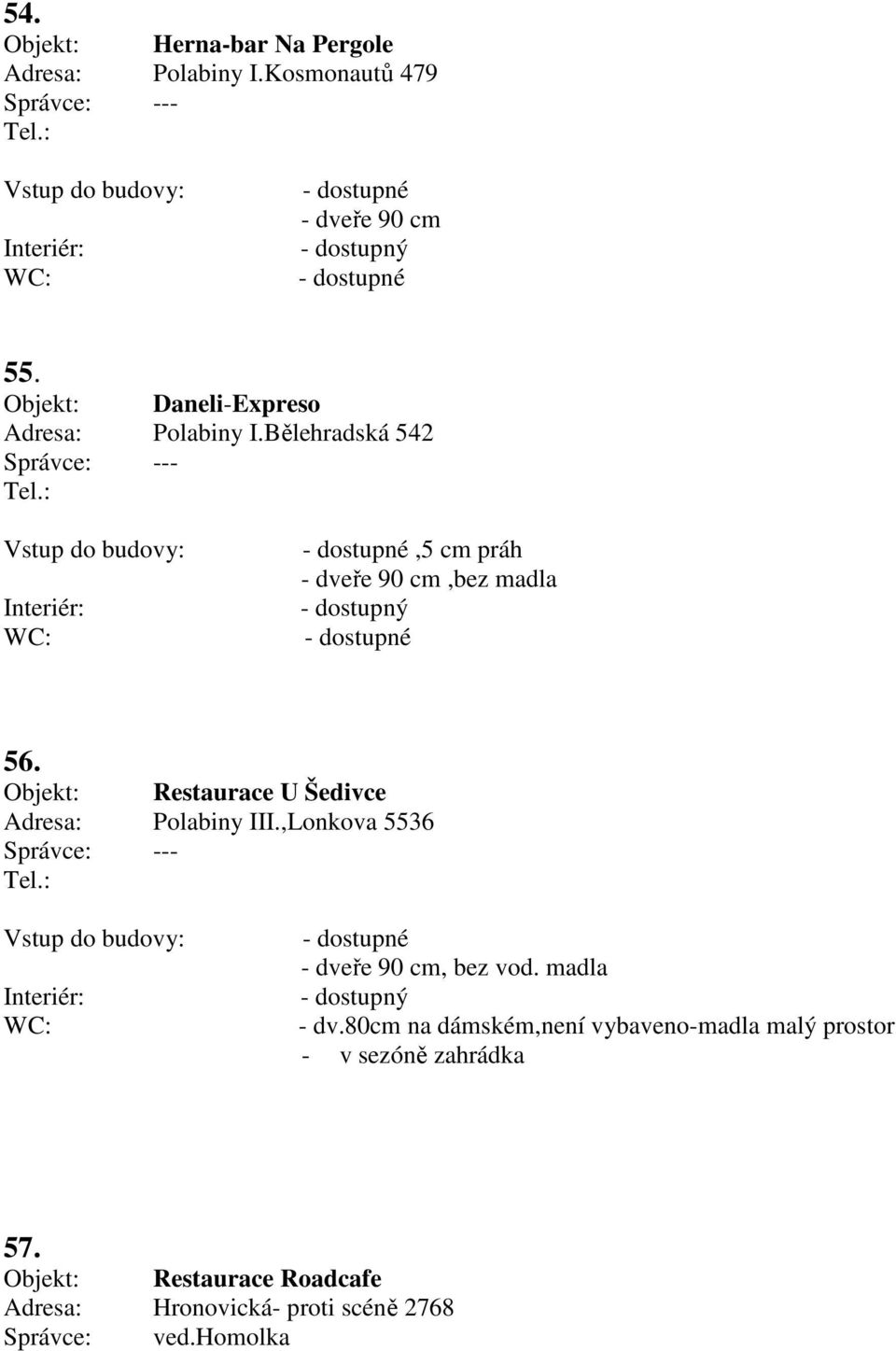 Objekt: Restaurace U Šedivce Adresa: Polabiny III.,Lonkova 5536 --- - dostupné - dveře 90 cm, bez vod. madla - dv.