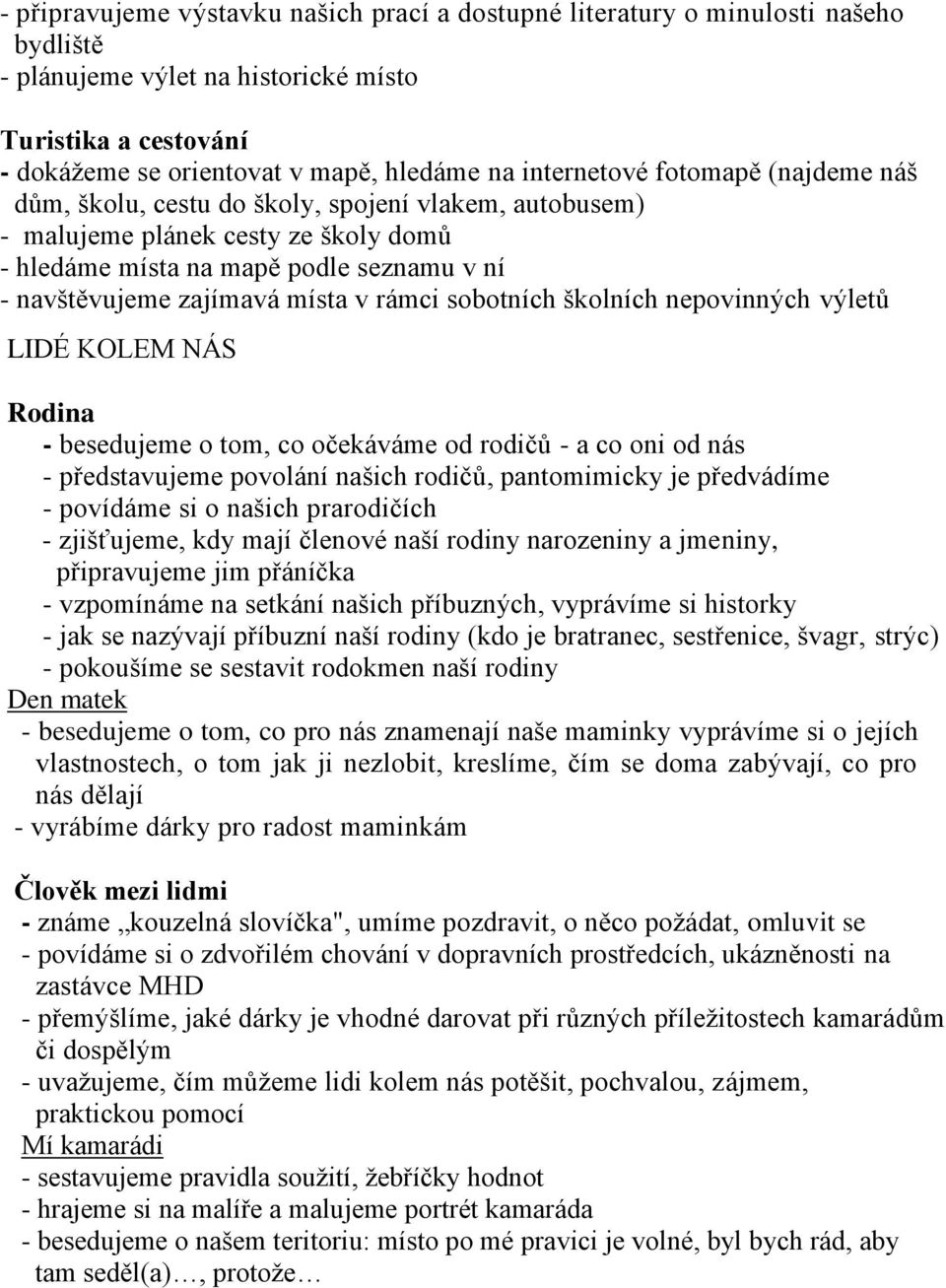 v rámci sobotních školních nepovinných výletů LIDÉ KOLEM NÁS Rodina - besedujeme o tom, co očekáváme od rodičů - a co oni od nás - představujeme povolání našich rodičů, pantomimicky je předvádíme -