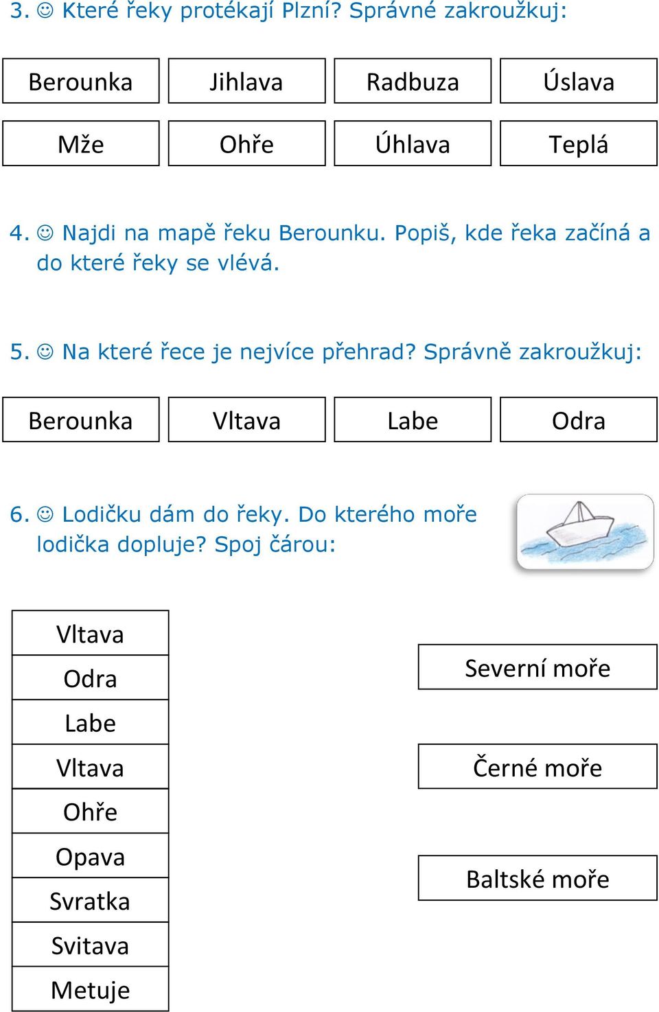 Na které řece je nejvíce přehrad? Správně zakroužkuj: Berounka Vltava Labe Odra 6. Lodičku dám do řeky.