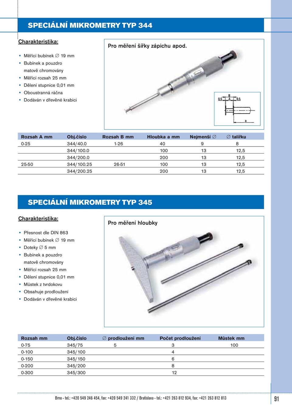 25 200 13 12,5 SPECIÁLNÍ MIKROMETRY TYP 345 Pro měření hloubky Doteky 5 mm Bubínek a pouzdro matově chromovány Měřící rozsah 25 mm Můstek z tvrdokovu Obsahuje prodloužení Rozsah mm Obj.