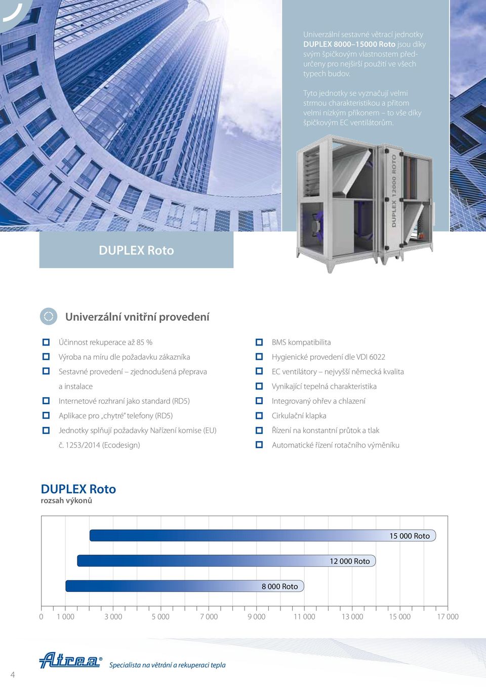 DUPLEX Roto Univerzální vnitřní provedení Účinnost rekuperace až 85 % Výroba na míru dle požadavku zákazníka Sestavné provedení zjednodušená přeprava a instalace Internetové rozhraní jako standard