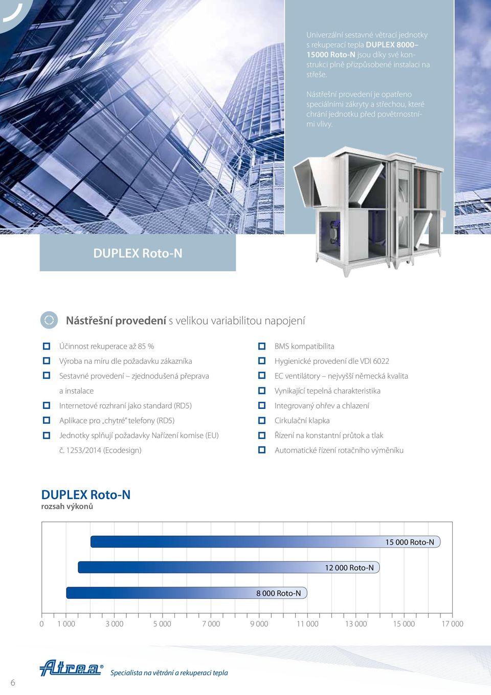 DUPLEX Roto-N Nástřešní provedení s velikou variabilitou napojení Účinnost rekuperace až 85 % Výroba na míru dle požadavku zákazníka Sestavné provedení zjednodušená přeprava a instalace Internetové