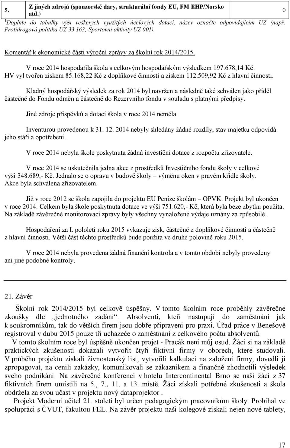 678,14 Kč. HV vyl tvořen ziskem 85.168,22 Kč z doplňkové činnosti a ziskem 112.509,92 Kč z hlavní činnosti.