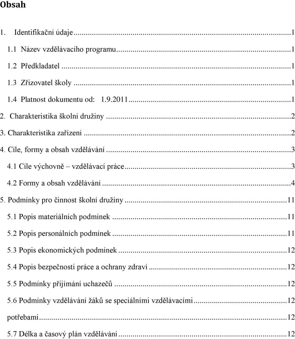 ..4 5. Podmínky pro činnost školní družiny... 11 5.1 Popis materiálních podmínek... 11 5.2 Popis personálních podmínek... 11 5.3 Popis ekonomických podmínek... 12 5.